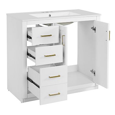 Merax 36" Bathroom Vanity with Ceramic Sink, Solid Wood Frame Freestanding Storage Cabinet