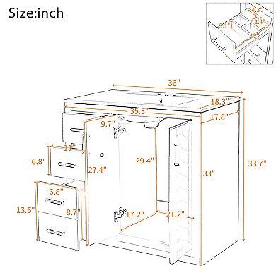 Merax 36" Bathroom Vanity with Ceramic Sink, Solid Wood Frame Freestanding Storage Cabinet