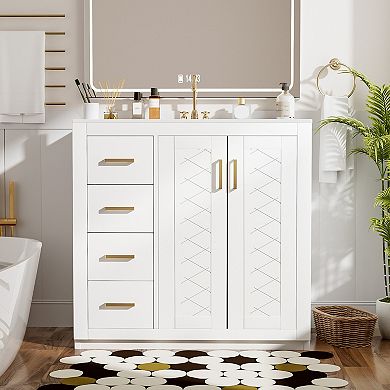 Merax 36" Bathroom Vanity with Ceramic Sink, Solid Wood Frame Freestanding Storage Cabinet