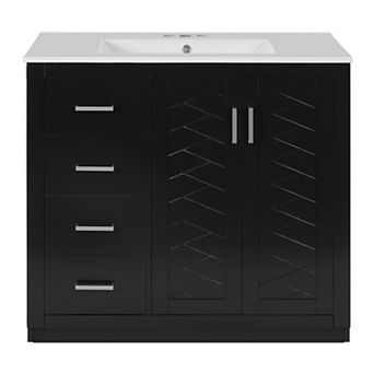 Merax 36" Bathroom Vanity with Ceramic Sink, Solid Wood Frame Freestanding Storage Cabinet