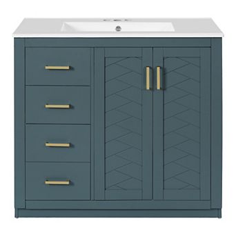 Merax 36" Bathroom Vanity with Ceramic Sink, Solid Wood Frame Freestanding Storage Cabinet