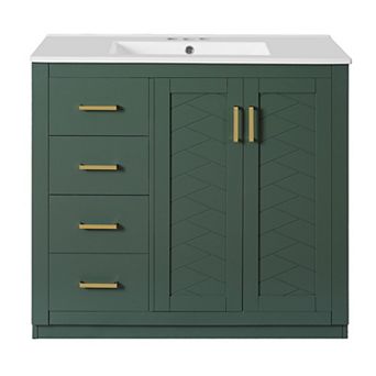 Merax 36" Bathroom Vanity with Ceramic Sink, Solid Wood Frame Freestanding Storage Cabinet