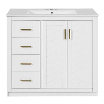 Merax 36" Bathroom Vanity with Ceramic Sink, Solid Wood Frame Freestanding Storage Cabinet
