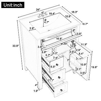 Merax 24" Bathroom Vanity with Sink 3 Drawers & Adjustable Shelf Cabinet