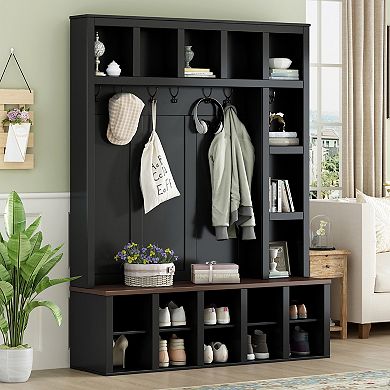 Merax 4-in-1 Farmhouse Hall Tree with 6 Hooks, Storage Bench & Adjustable Shelves