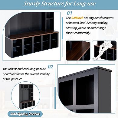Merax 4-in-1 Farmhouse Hall Tree with 6 Hooks, Storage Bench & Adjustable Shelves