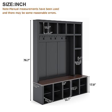 Merax 4-in-1 Farmhouse Hall Tree with 6 Hooks, Storage Bench & Adjustable Shelves