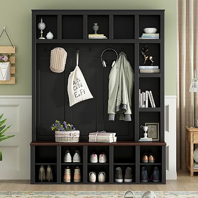Merax 4-in-1 Farmhouse Hall Tree with 6 Hooks, Storage Bench & Adjustable Shelves