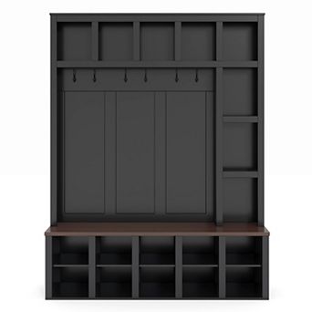 Merax 4-in-1 Farmhouse Hall Tree with 6 Hooks, Storage Bench & Adjustable Shelves