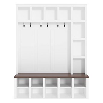 Merax 4-in-1 Farmhouse Hall Tree with 6 Hooks, Storage Bench & Adjustable Shelves