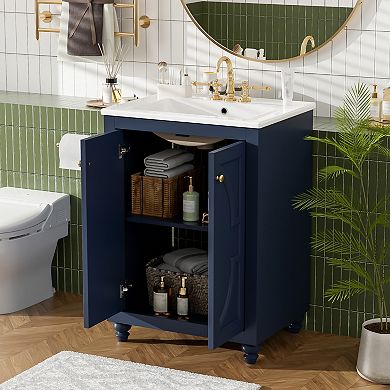 Merax 24" Modern Bathroom Vanity with Ornate Elliptical Motif, Soft-Close Hinges & Ball-Turned Legs