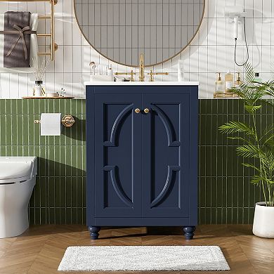 Merax 24" Modern Bathroom Vanity with Ornate Elliptical Motif, Soft-Close Hinges & Ball-Turned Legs