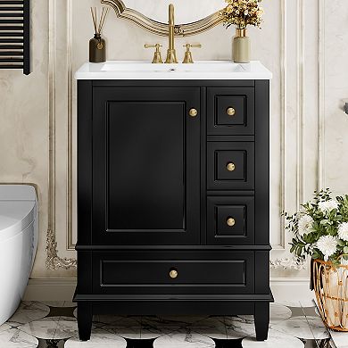 Merax 24" White Bathroom Vanity with Sink and Drawers, Freestanding Ceramic Top Vanity Cabinet