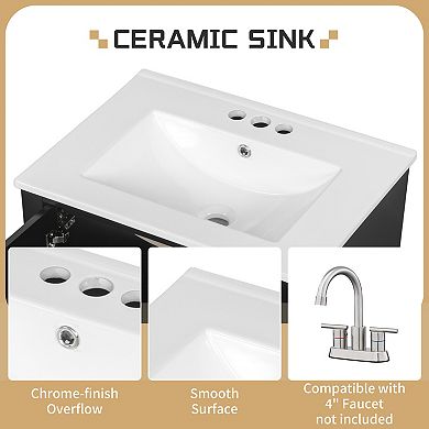 Merax 24" White Bathroom Vanity with Sink and Drawers, Freestanding Ceramic Top Vanity Cabinet