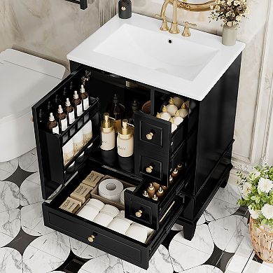 Merax 24" White Bathroom Vanity with Sink and Drawers, Freestanding Ceramic Top Vanity Cabinet