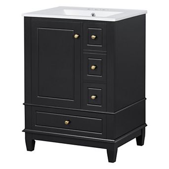 Merax 24" White Bathroom Vanity with Sink and Drawers, Freestanding Ceramic Top Vanity Cabinet