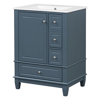 Merax 24" White Bathroom Vanity with Sink and Drawers, Freestanding Ceramic Top Vanity Cabinet