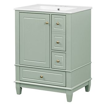 Merax 24" White Bathroom Vanity with Sink and Drawers, Freestanding Ceramic Top Vanity Cabinet