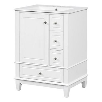 Merax 24" White Bathroom Vanity with Sink and Drawers, Freestanding Ceramic Top Vanity Cabinet