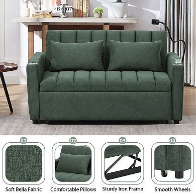 Merax Convertible Sofa Bed Loveseat Sofa with Three USB Ports, Two Side Pockets