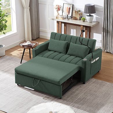 Merax Convertible Sofa Bed Loveseat Sofa with Three USB Ports, Two Side Pockets