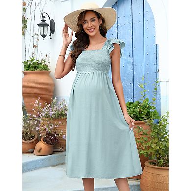 Womens Maternity Dress for Baby Shower Flutter Strap Sleeve Square Neck Smocked Maxi Boho Dress