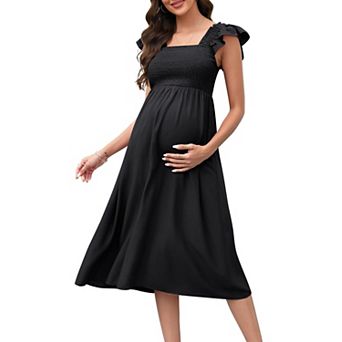 Womens Maternity Dress for Baby Shower Flutter Strap Sleeve Square Neck Smocked Maxi Boho Dress