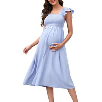 Womens Maternity Dress for Baby Shower Flutter Strap Sleeve Square Neck Smocked Maxi Boho Dress