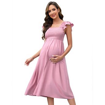 Womens Maternity Dress for Baby Shower Flutter Strap Sleeve Square Neck Smocked Maxi Boho Dress