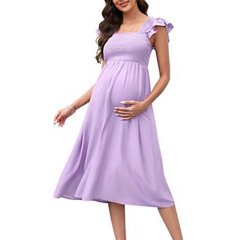 Womens Maternity Dress for Baby Shower Flutter Strap Sleeve Square Neck Smocked Maxi Boho Dress