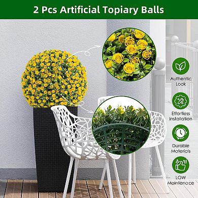 17 Inch Artificial Topiary Ball Set of 2, Faux Greenery Spheres with Flowers