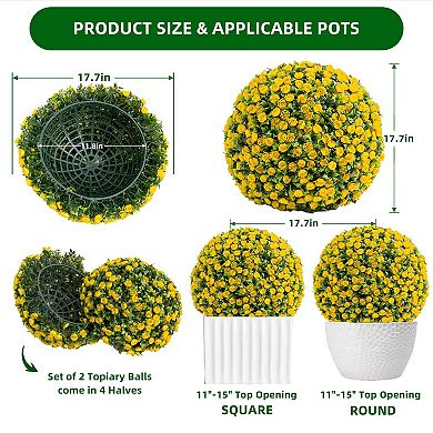 17 Inch Artificial Topiary Ball Set of 2, Faux Greenery Spheres with Flowers
