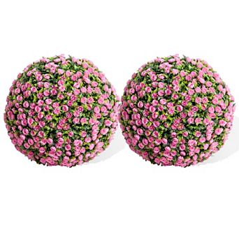 17 Inch Artificial Topiary Ball Set of 2, Faux Greenery Spheres with Flowers