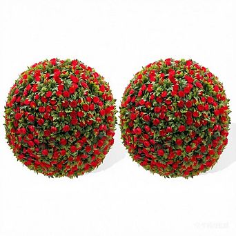 17 Inch Artificial Topiary Ball Set of 2, Faux Greenery Spheres with Flowers