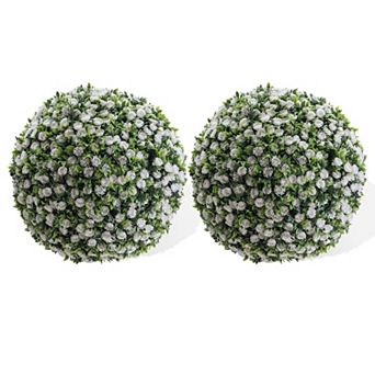 17 Inch Artificial Topiary Ball Set of 2, Faux Greenery Spheres with Flowers