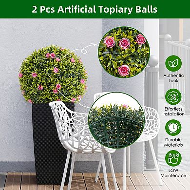 2Pcs Artificial Boxwood Topiary Balls, UV Resistant Faux Greenery Spheres with Flowers