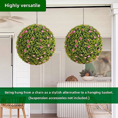 2Pcs Artificial Boxwood Topiary Balls, UV Resistant Faux Greenery Spheres with Flowers