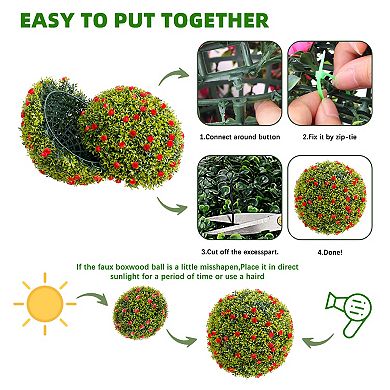 2Pcs Artificial Boxwood Topiary Balls, UV Resistant Faux Greenery Spheres with Flowers