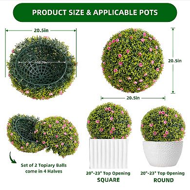 2Pcs Artificial Boxwood Topiary Balls, UV Resistant Faux Greenery Spheres with Flowers