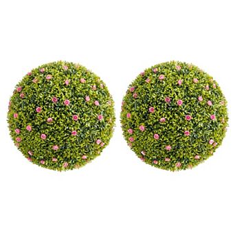 2 pc Artificial Boxwood Topiary Balls, UV Resistant Faux Greenery Spheres with Flowers