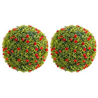 2 pc Artificial Boxwood Topiary Balls, UV Resistant Faux Greenery Spheres with Flowers