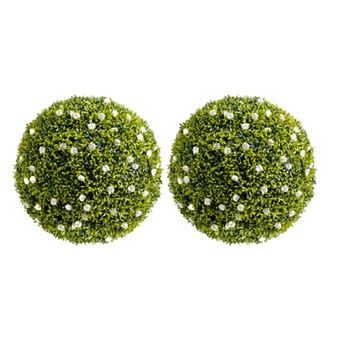 2 pc Artificial Boxwood Topiary Balls, UV Resistant Faux Greenery Spheres with Flowers