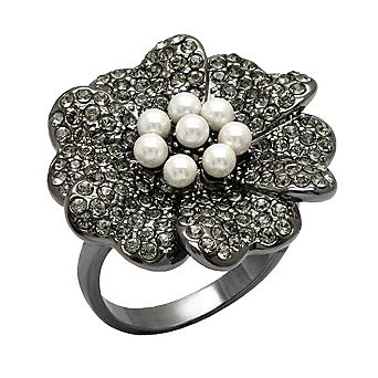 Alamode Black Ion Plating Brass Synthetic Pearl Floral Ring