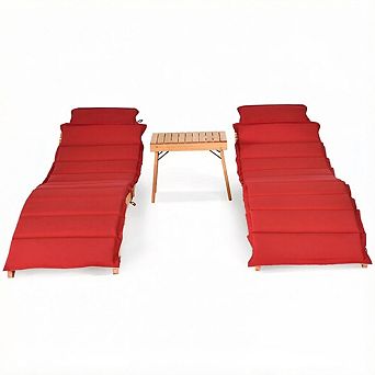 Costway 3 pc Wooden Folding Lounge Chair Set Cushion Pad Pool Deck