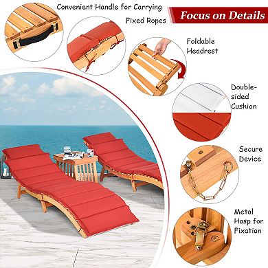 Costway 3PCS Wooden Folding Lounge Chair Set Cushion Pad Pool Deck