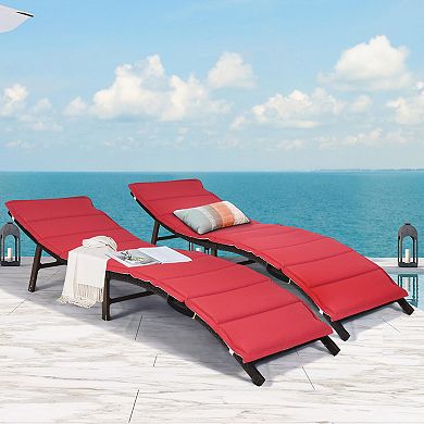Costway 2PCS Patio Rattan Folding Lounge Chair Stackable Double Sided Cushion Outdoor