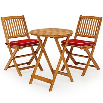 Costway 3 pc Patio Folding Wooden Bistro Set Cushioned Chair Conversation Garden