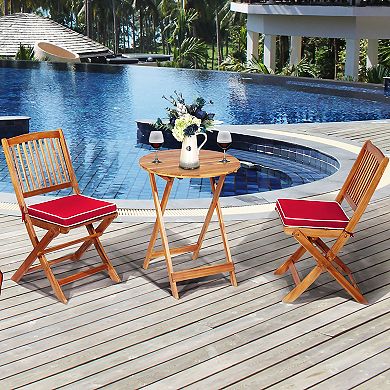 Costway 3PCS Patio Folding Wooden Bistro Set Cushioned Chair Conversation Garden