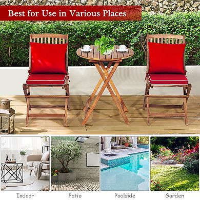 Costway 3PCS Patio Folding Wooden Bistro Set Cushioned Chair Conversation Garden