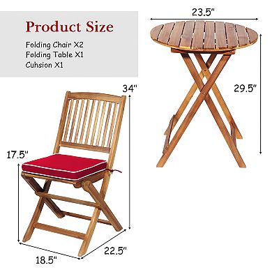 Costway 3PCS Patio Folding Wooden Bistro Set Cushioned Chair Conversation Garden